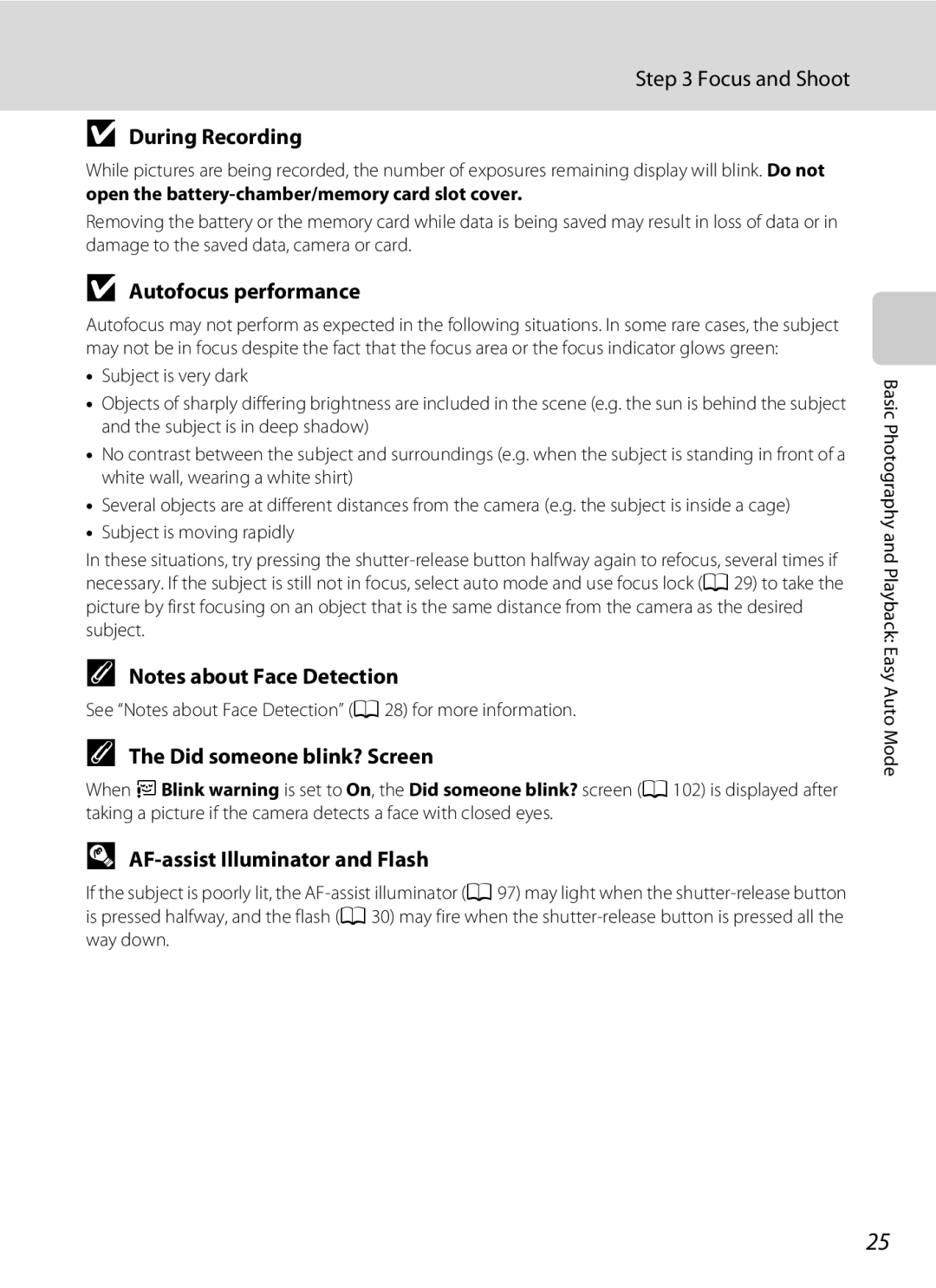 Nikon L21, COOLPIXL22R user manual Focus and Shoot, During Recording, Autofocus performance, Did someone blink? Screen 