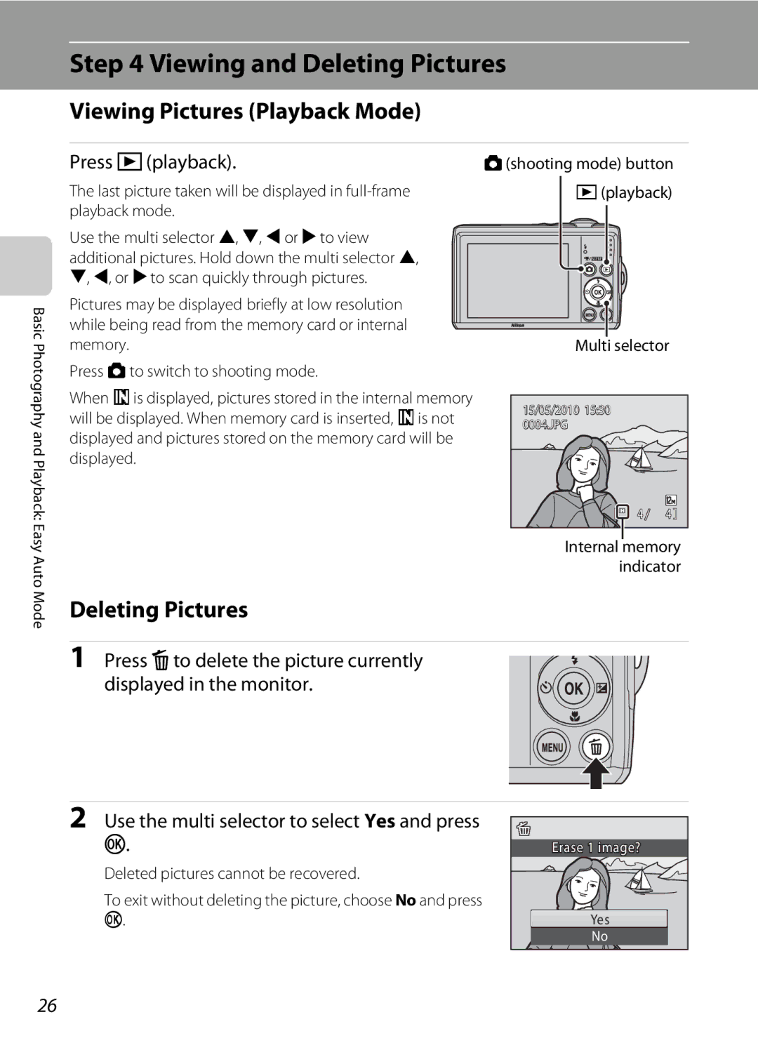 Nikon COOLPIXL22R, L21, COOLPIXL22BLK Viewing and Deleting Pictures, Viewing Pictures Playback Mode, Press cplayback 