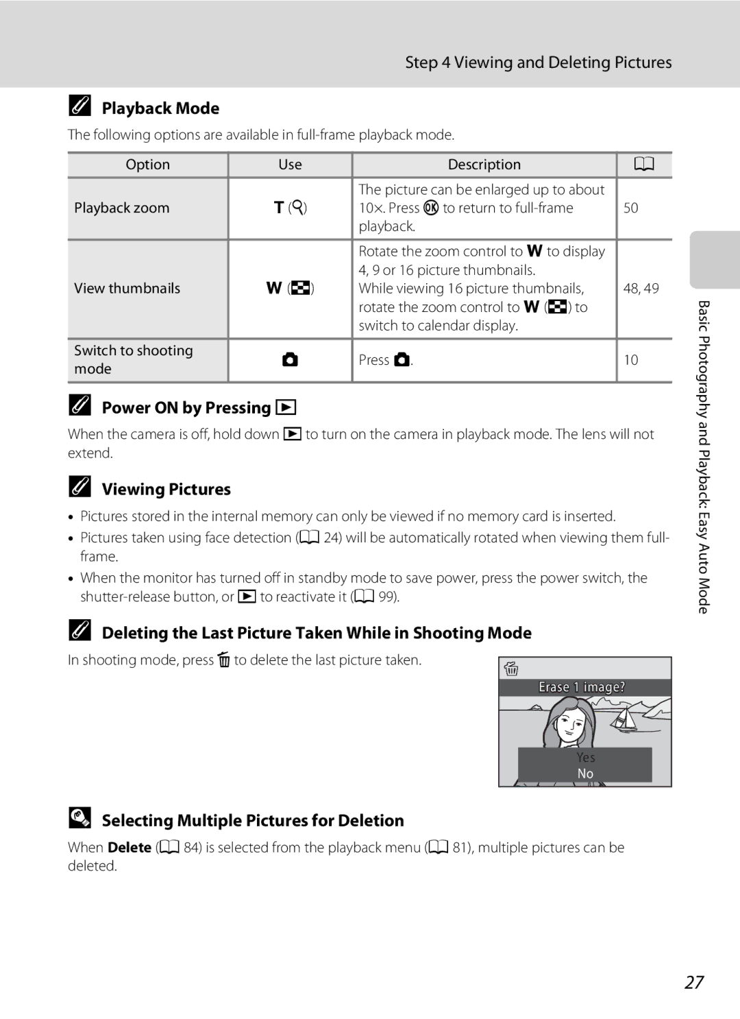 Nikon COOLPIXL22BLK, L21 Playback Mode, Power on by Pressing c, Viewing Pictures, Selecting Multiple Pictures for Deletion 