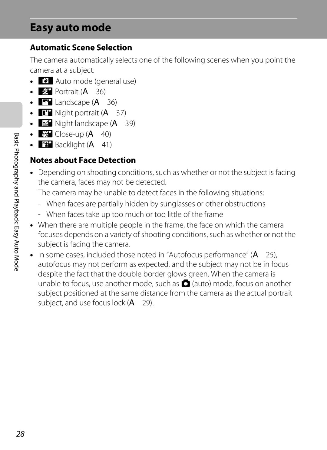 Nikon L21, COOLPIXL22R, COOLPIXL22BLK user manual Easy auto mode, Automatic Scene Selection 