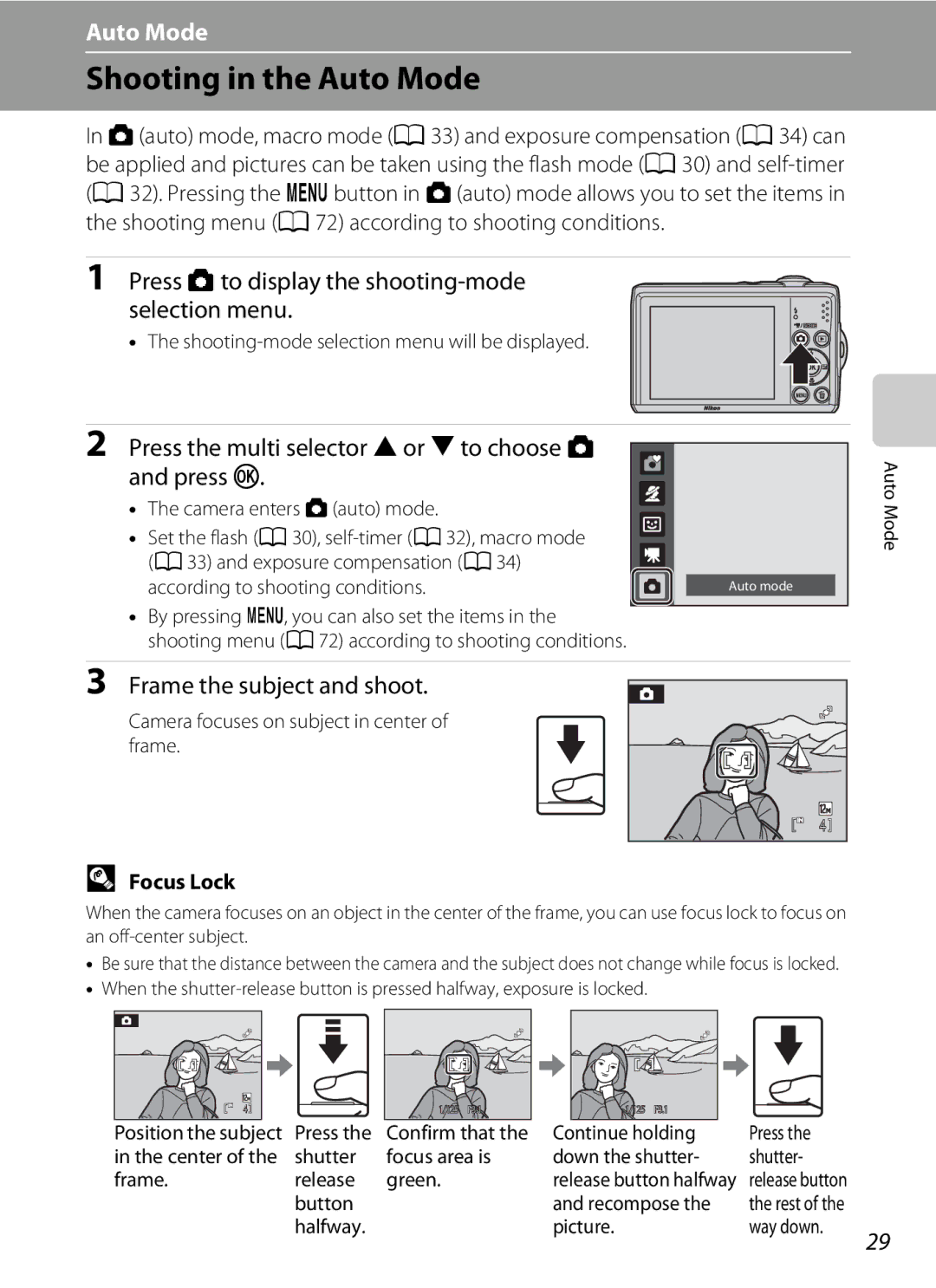 Nikon L22, L21 Shooting in the Auto Mode, Press Ato display the shooting-mode selection menu, Frame the subject and shoot 