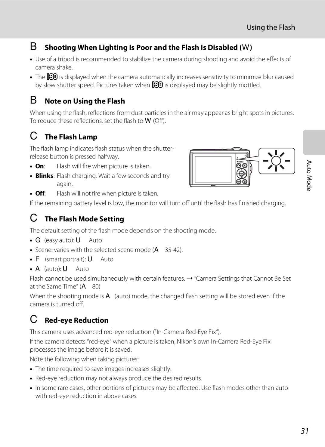 Nikon COOLPIXL22BLK, L21 user manual Using the Flash, Shooting When Lighting Is Poor and the Flash Is Disabled W, Flash Lamp 