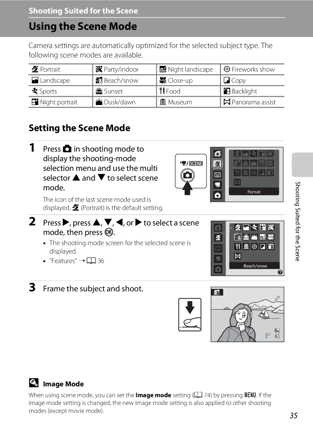 Nikon COOLPIXL22BLK, L21, COOLPIXL22R user manual Using the Scene Mode, Setting the Scene Mode, Image Mode 