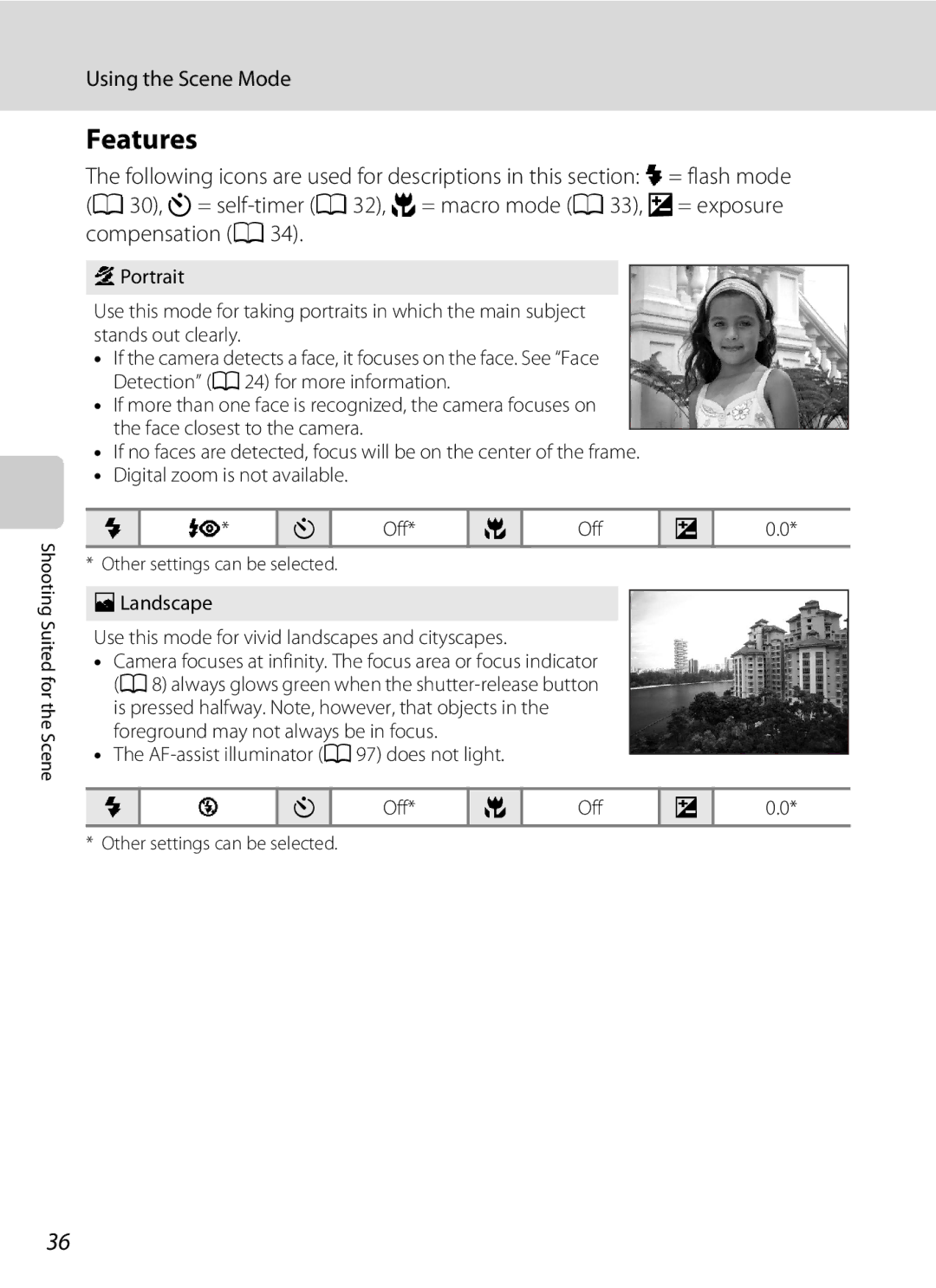 Nikon L21, L22 user manual Features, Using the Scene Mode, Off, Landscape Use this mode for vivid landscapes and cityscapes 