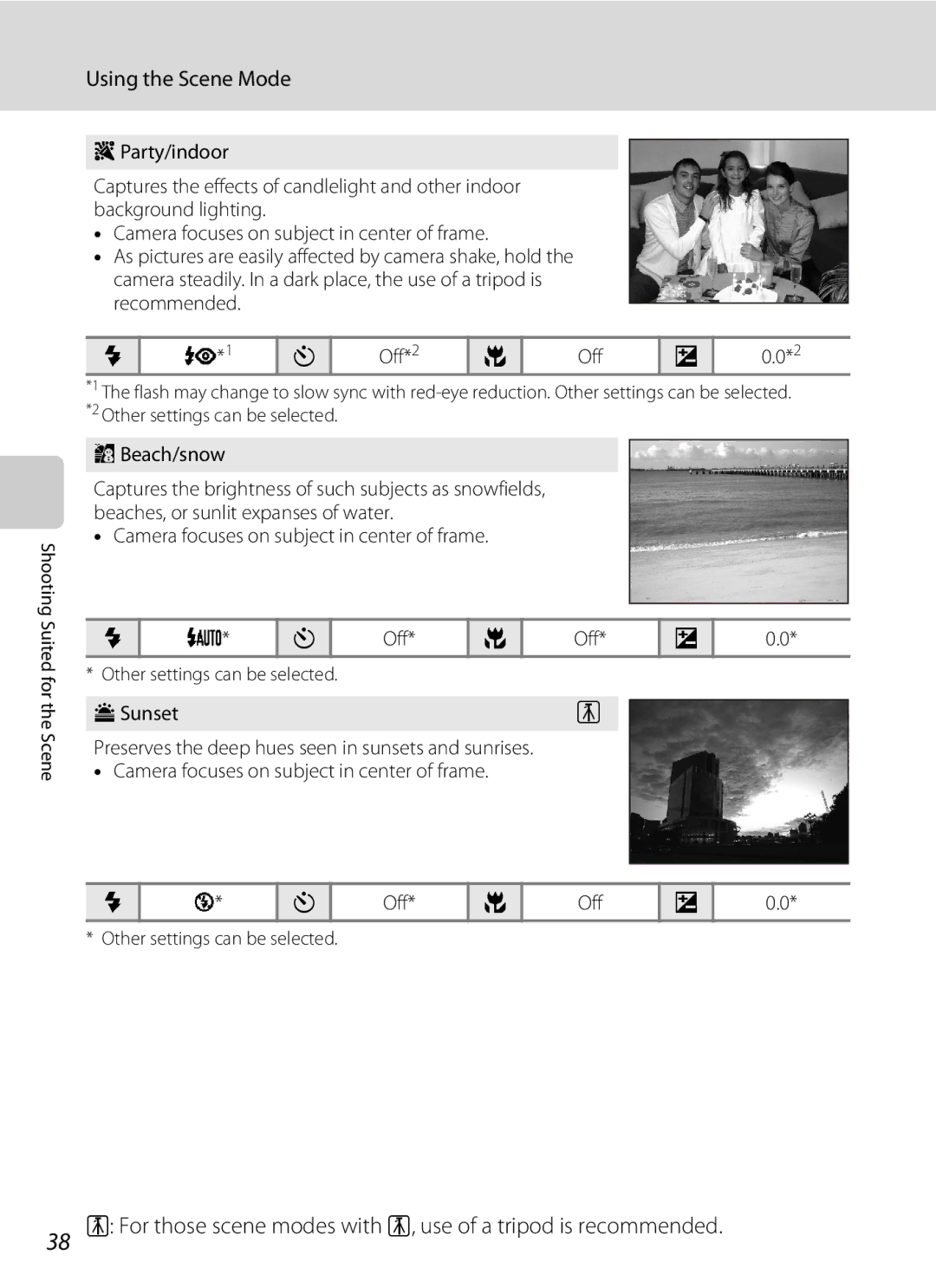 Nikon COOLPIXL22R, L21, COOLPIXL22BLK user manual For those scene modes with O, use of a tripod is recommended, Beach/snow 