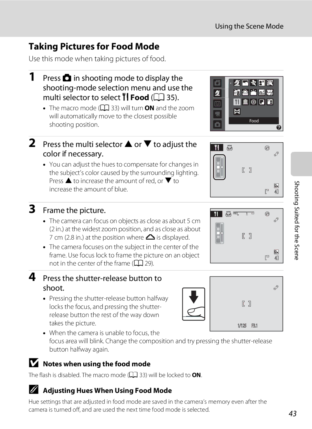 Nikon COOLPIXL22BLK, L21 Taking Pictures for Food Mode, Press the multi selector Hor Ito adjust Color if necessary 