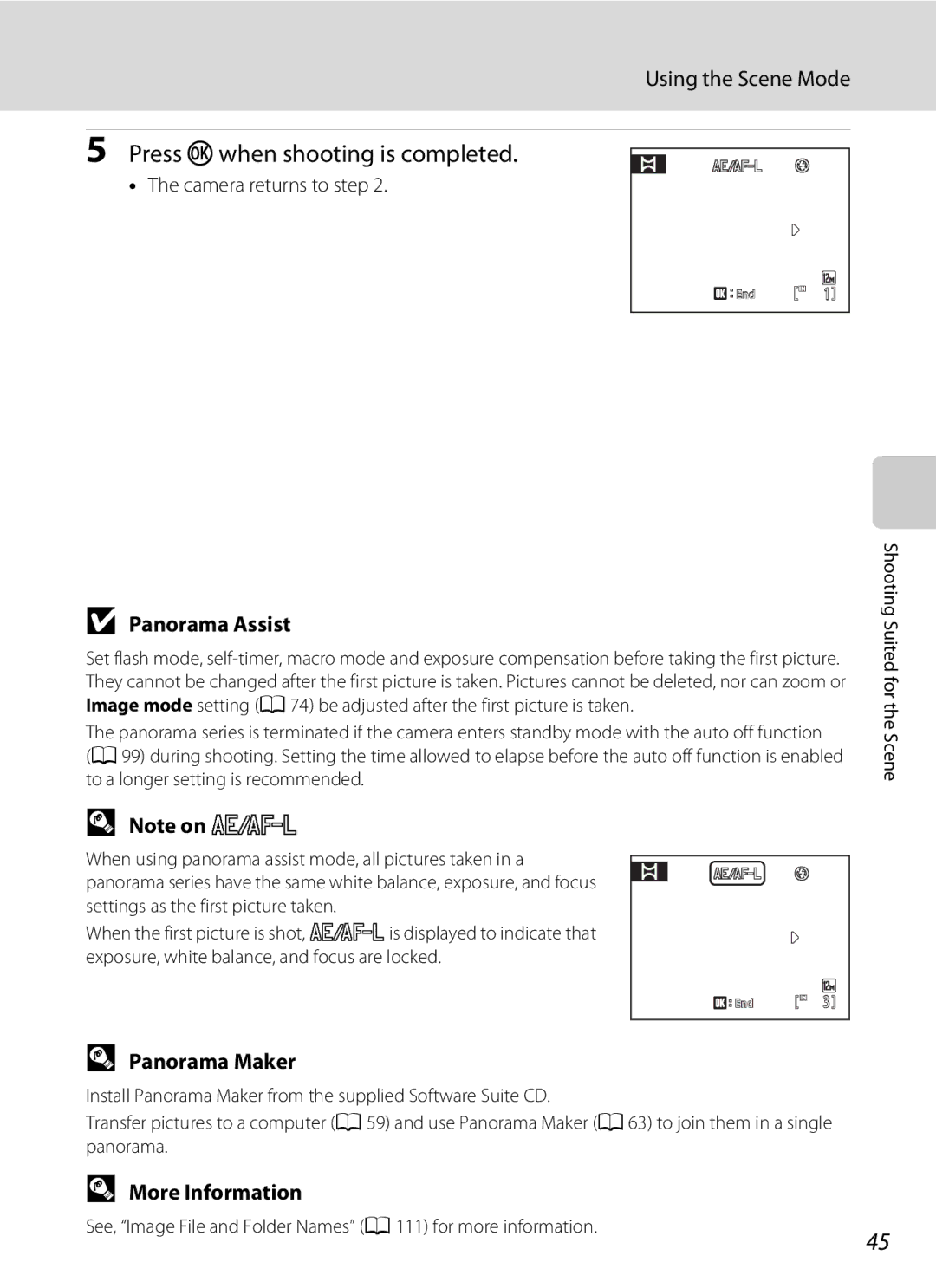 Nikon L22 Press kwhen shooting is completed, Panorama Assist, Panorama Maker, More Information, Camera returns to step 