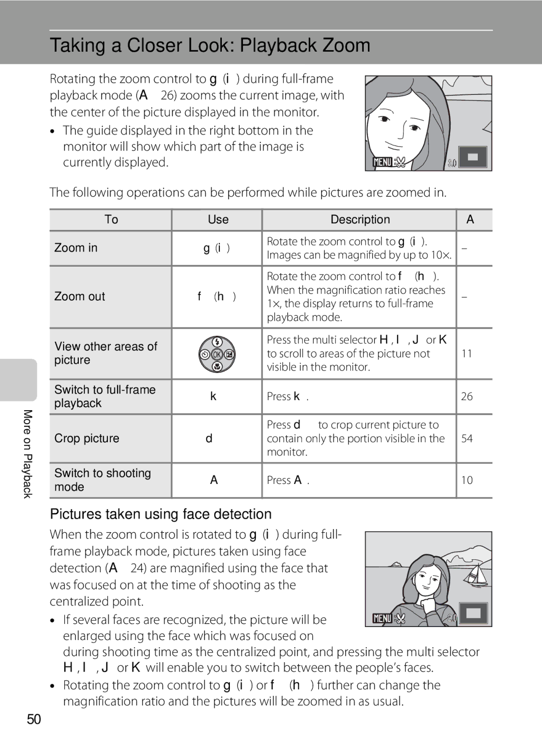 Nikon COOLPIXL22R, L21, COOLPIXL22BLK user manual Taking a Closer Look Playback Zoom, Pictures taken using face detection 