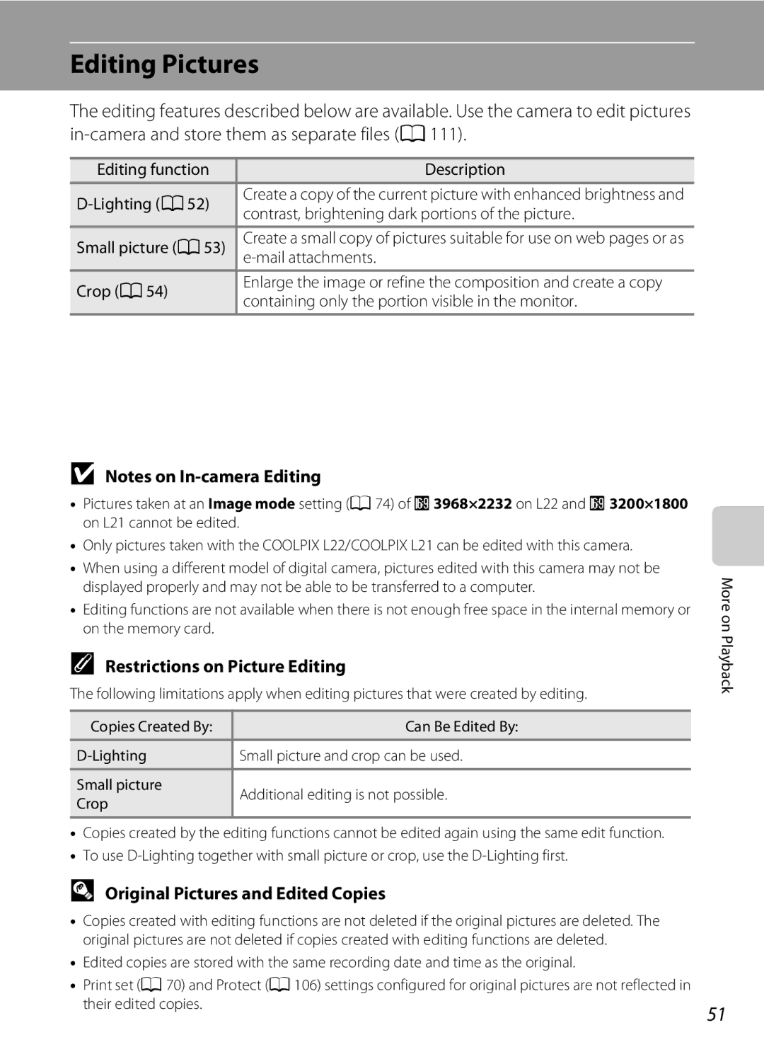 Nikon COOLPIXL22BLK, L21 user manual Editing Pictures, Restrictions on Picture Editing, Original Pictures and Edited Copies 