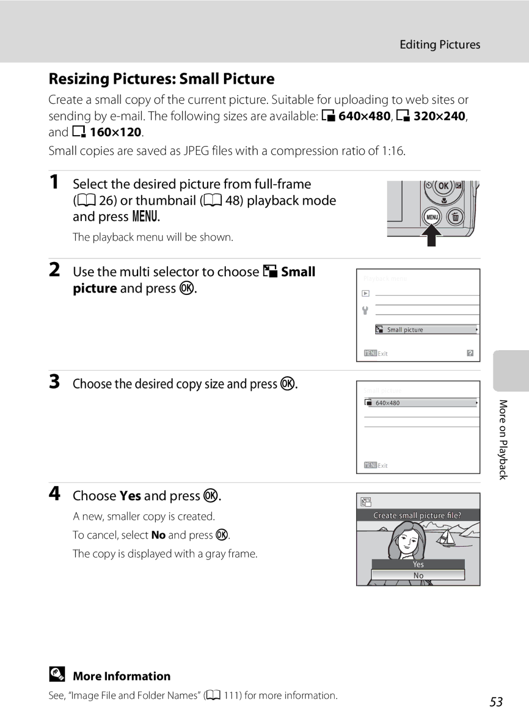 Nikon L21, COOLPIXL22R Resizing Pictures Small Picture, Use the multi selector to choose gSmall picture and press k 