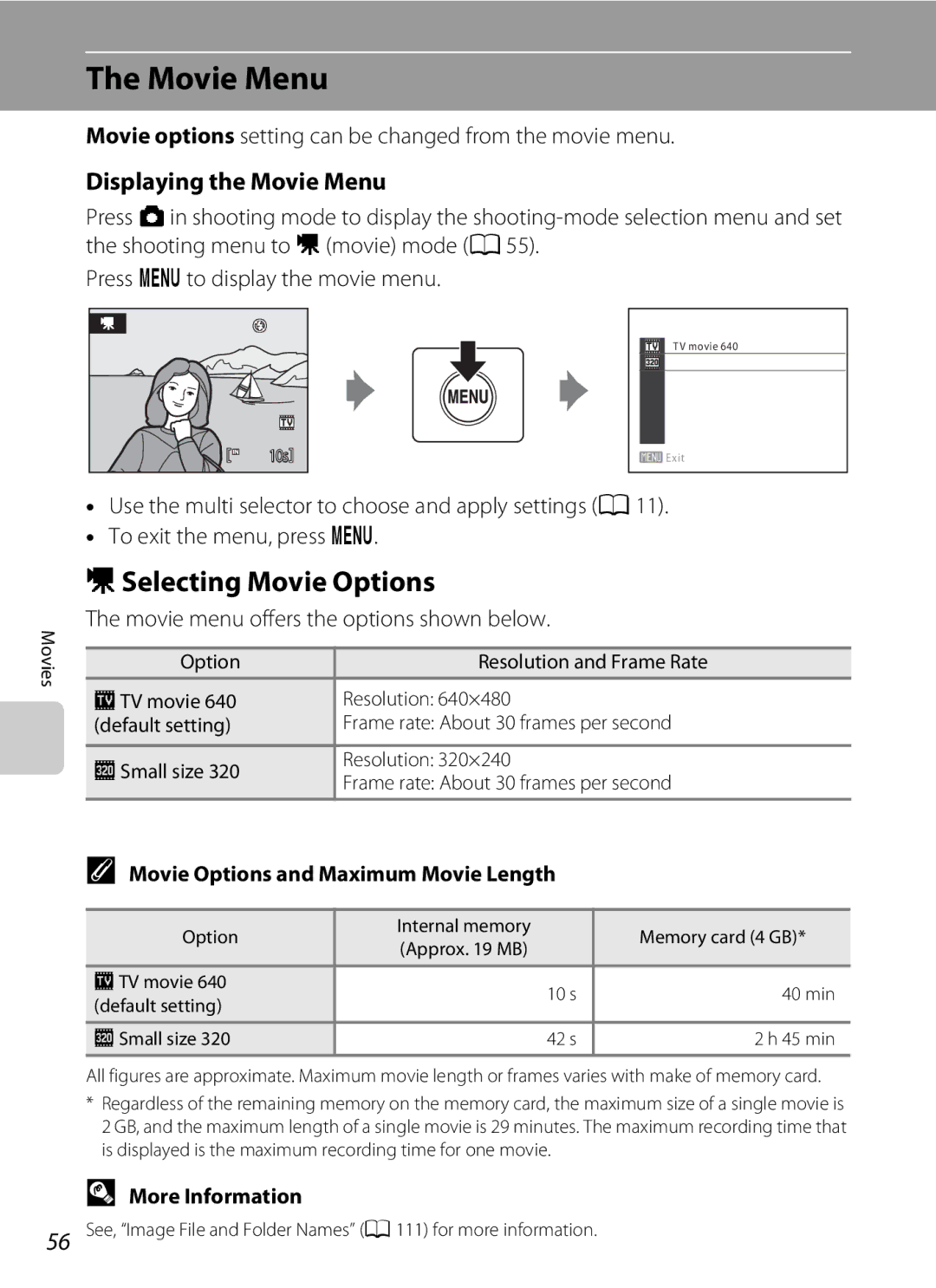 Nikon L21, COOLPIXL22R DSelecting Movie Options, Displaying the Movie Menu, Movie Options and Maximum Movie Length 