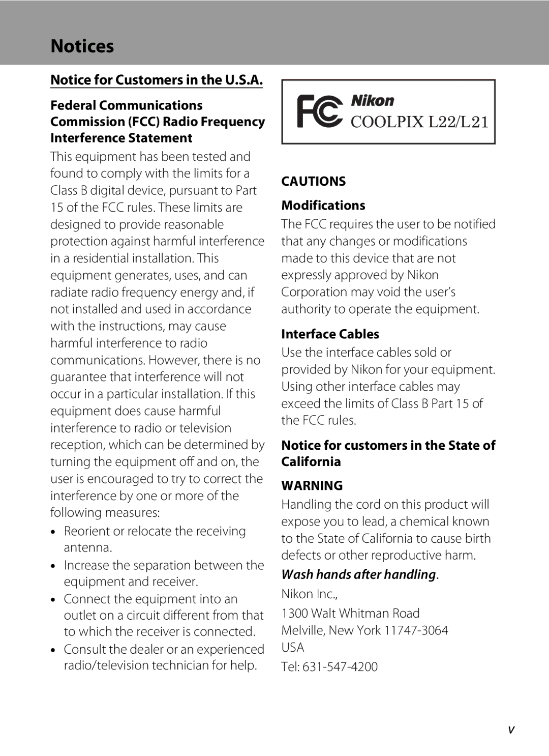 Nikon COOLPIXL22BLK, L21, COOLPIXL22R Federal Communications, Interference Statement, Modifications, Interface Cables 