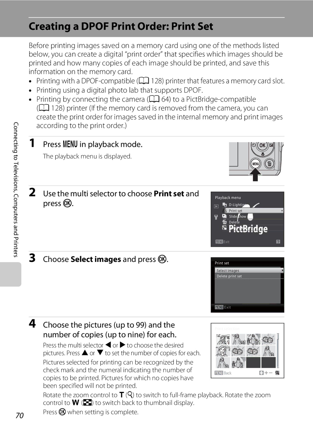 Nikon COOLPIXL22R, L21 Creating a Dpof Print Order Print Set, Press din playback mode, Choose Select images and press k 