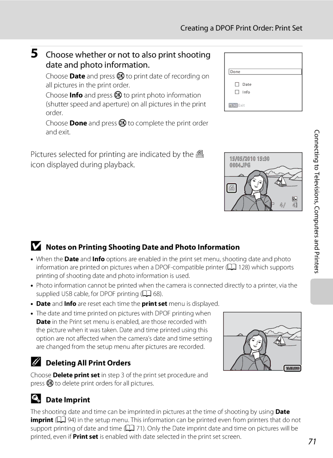 Nikon COOLPIXL22BLK, L21, COOLPIXL22R Creating a Dpof Print Order Print Set, Deleting All Print Orders, Date Imprint 