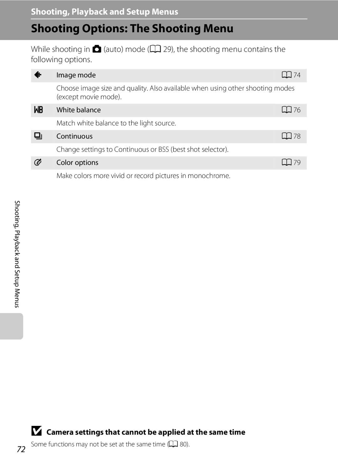 Nikon L21, COOLPIXL22R Shooting Options The Shooting Menu, Camera settings that cannot be applied at the same time 