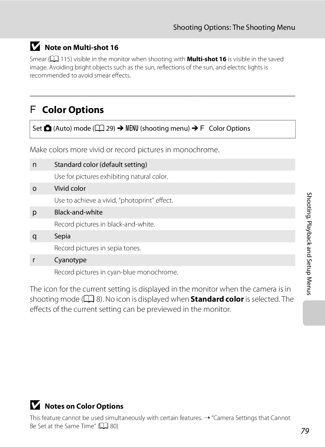 Nikon COOLPIXL22BLK, L21, COOLPIXL22R user manual FColor Options, Make colors more vivid or record pictures in monochrome 