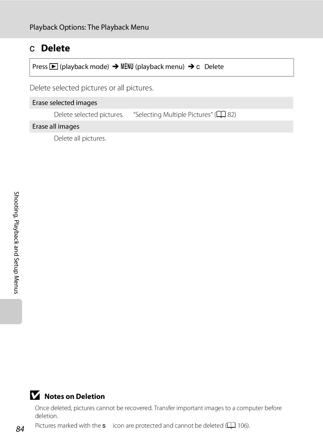 Nikon L21, COOLPIXL22R Delete selected pictures or all pictures, Press cplayback mode Md playback menu McDelete 