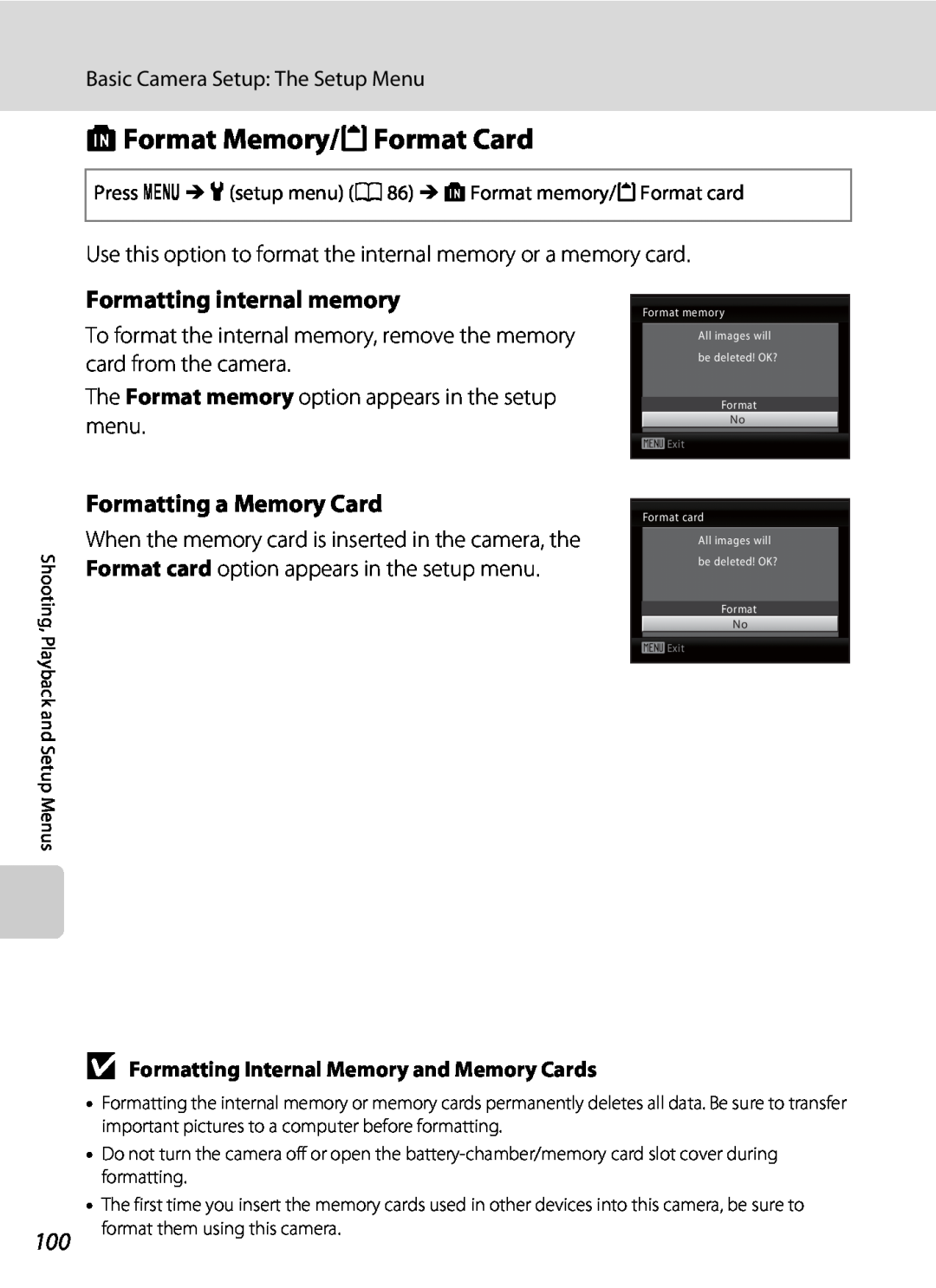 Nikon L21, COOLPIXL22R, COOLPIXL22BLK l Format Memory/mFormat Card, Formatting internal memory, Formatting a Memory Card 