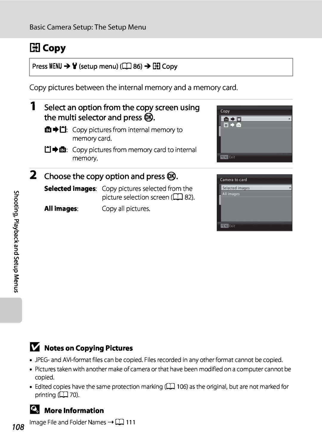 Nikon L21 h Copy, Select an option from the copy screen using, the multi selector and press k, B Notes on Copying Pictures 