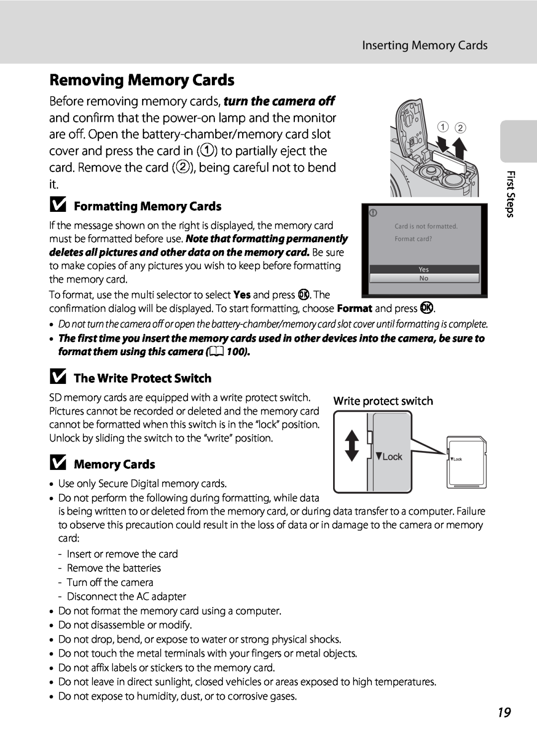 Nikon COOLPIXL22BLK, L21 Removing Memory Cards, B Formatting Memory Cards, B The Write Protect Switch, B Memory Cards 