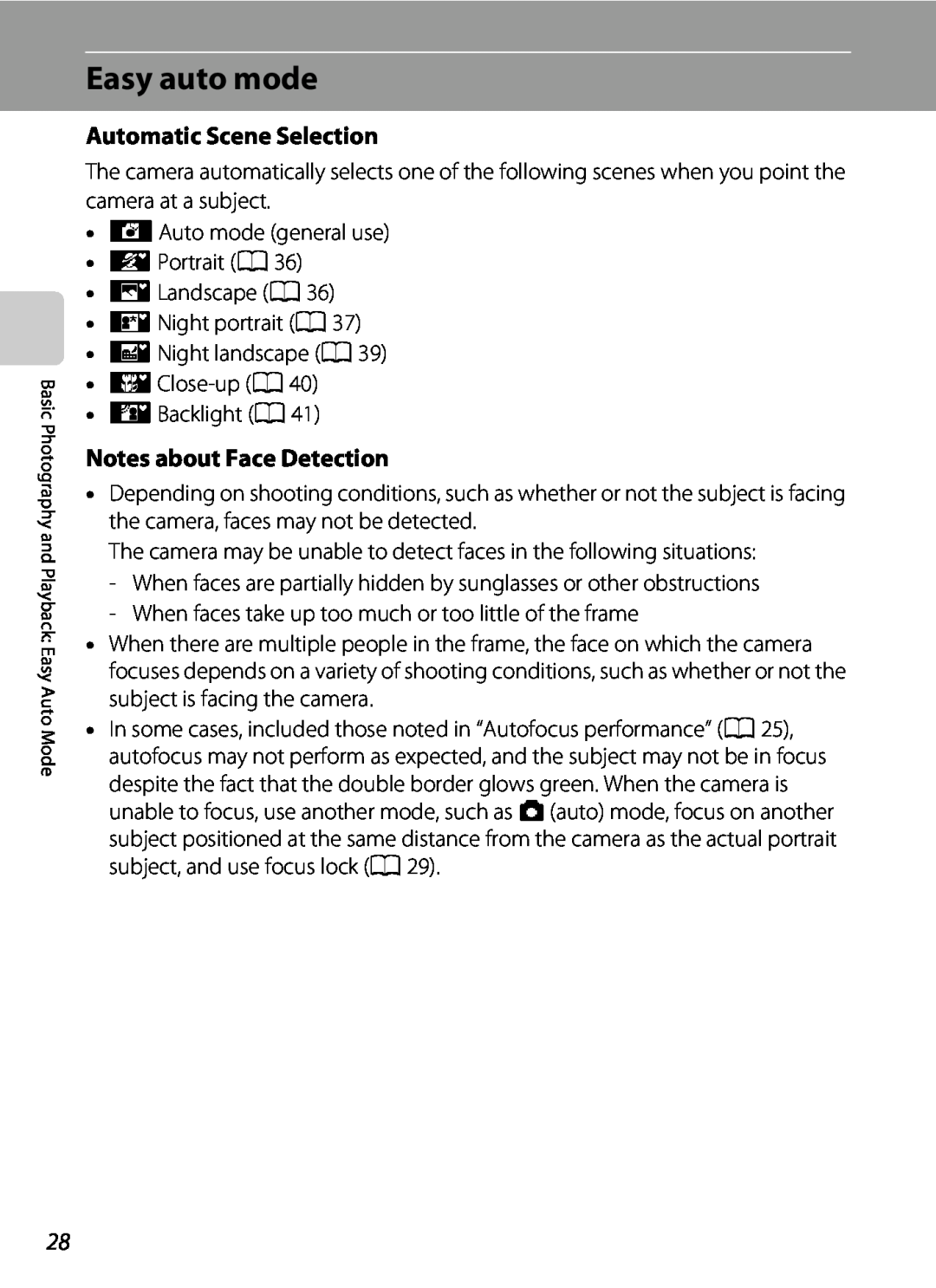 Nikon L21, COOLPIXL22R, COOLPIXL22BLK user manual Easy auto mode, Automatic Scene Selection, Notes about Face Detection 