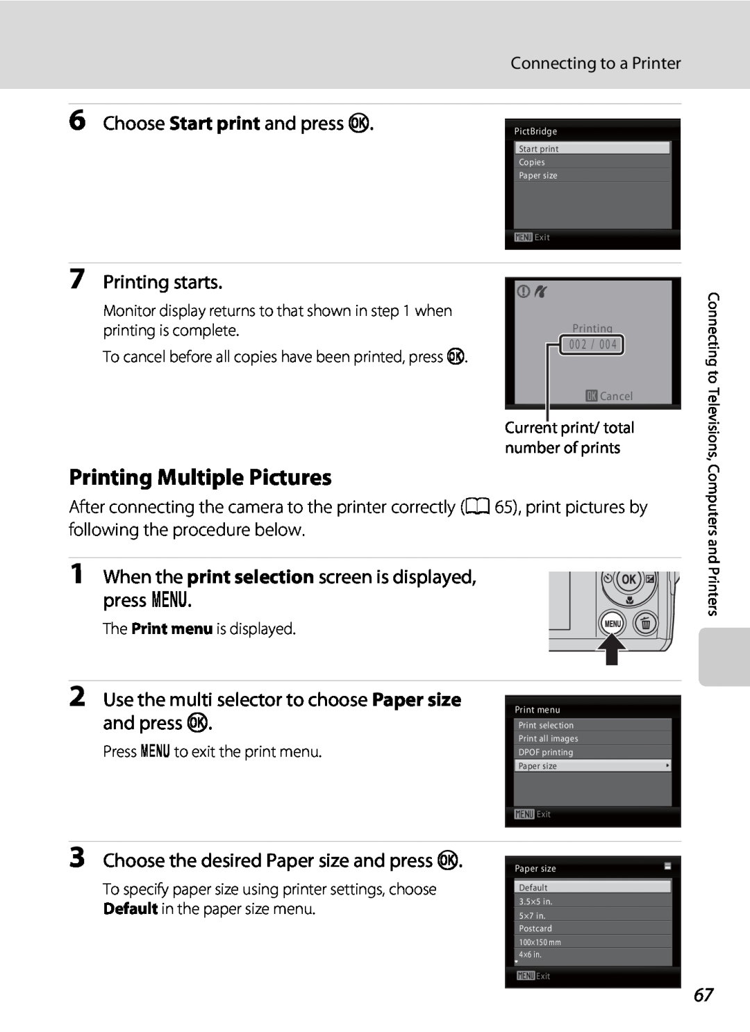Nikon COOLPIXL22BLK Printing Multiple Pictures, Choose Start print and press k, Printing starts, Cancel, Exit, Paper size 