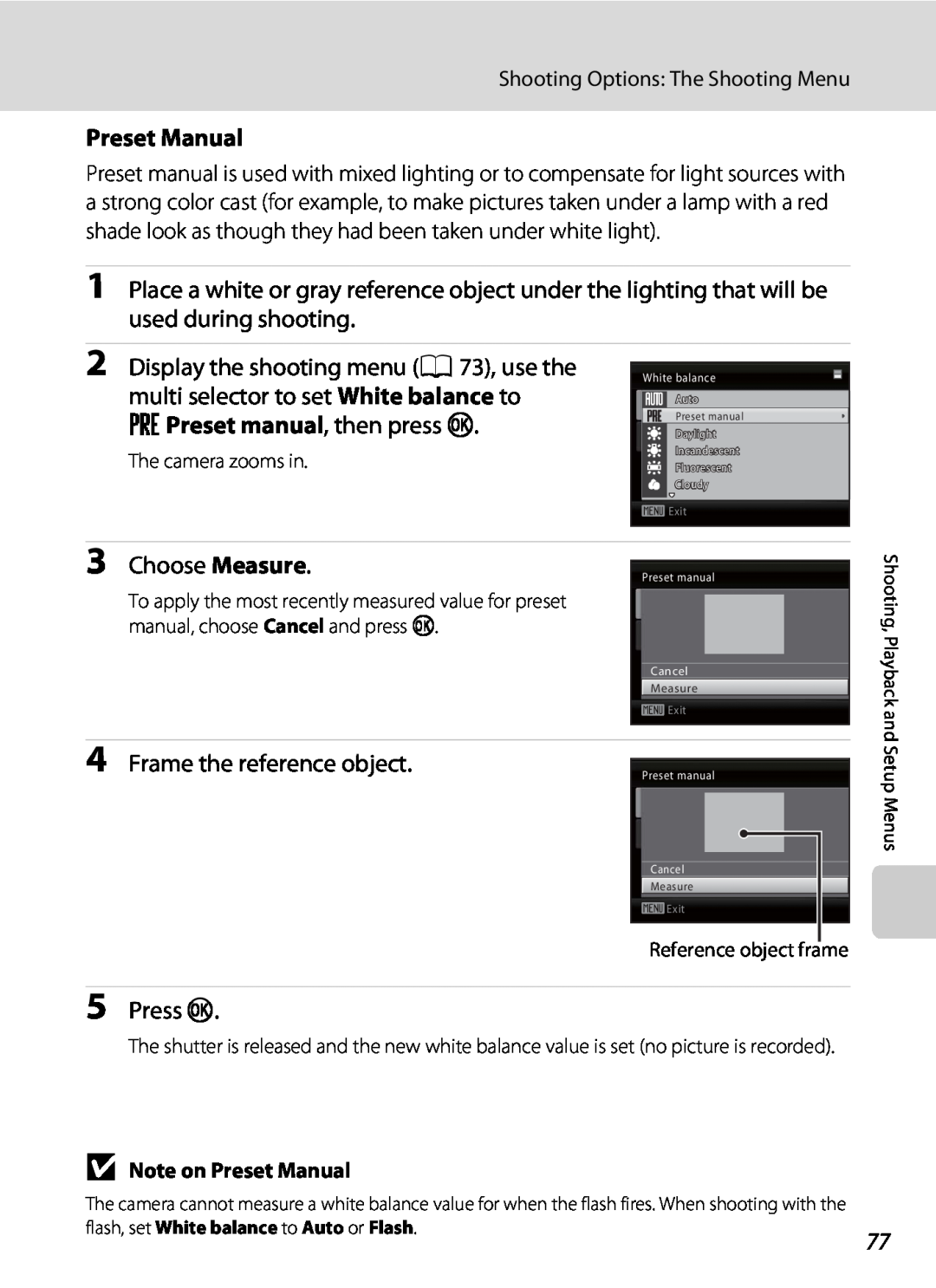 Nikon L22, L21 Preset Manual, used during shooting, Display the shooting menu A 73, use the, bPreset manual , then press k 