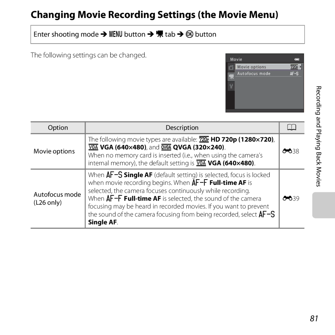 Nikon 26299, L25, L26 manual Changing Movie Recording Settings the Movie Menu, MVGA 640×480, and Wqvga 320×240, Single AF 