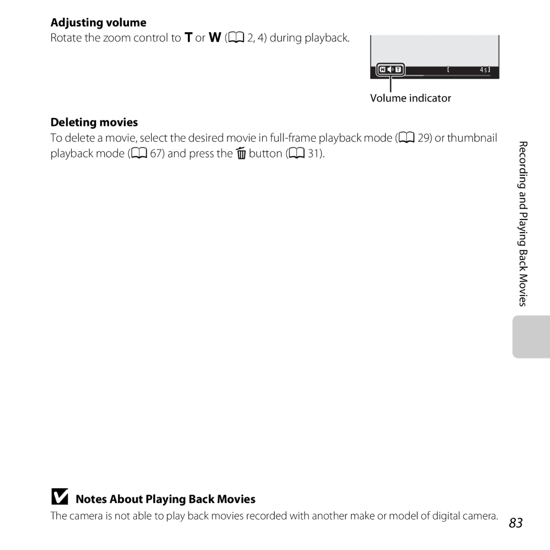 Nikon L25, COOLPIXL26SIL, COOLPIXL26RED, COOLPIXL26BLK, 26299 manual Adjusting volume, Deleting movies 