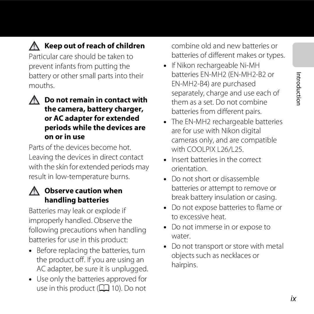 Nikon 26299, L25, COOLPIXL26SIL, COOLPIXL26RED Keep out of reach of children, Observe caution when handling batteries 