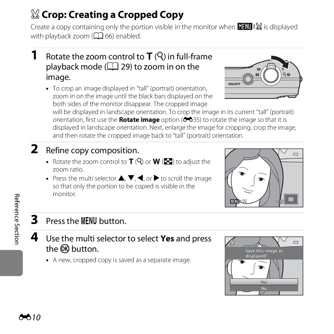 Nikon COOLPIXL26BLK, L25, COOLPIXL26SIL manual ACrop Creating a Cropped Copy, Refine copy composition, Press the dbutton, E10 