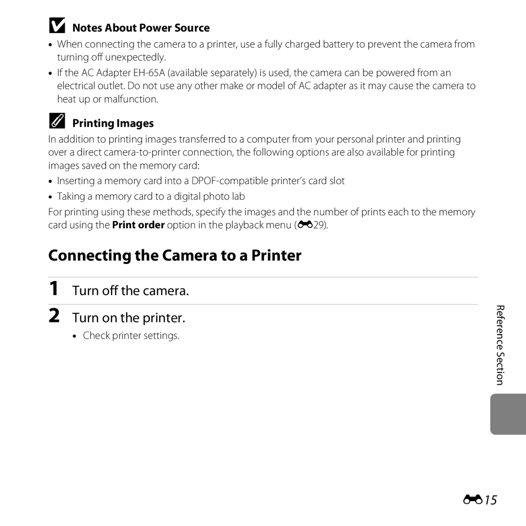 Nikon COOLPIXL26RED, L25 Connecting the Camera to a Printer, Turn off the camera Turn on the printer, E15, Printing Images 