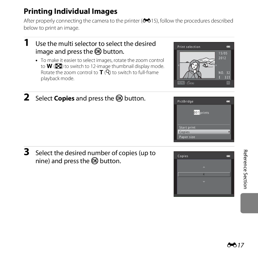 Nikon 26299 Printing Individual Images, Select Copies and press the kbutton, Select the desired number of copies up to 