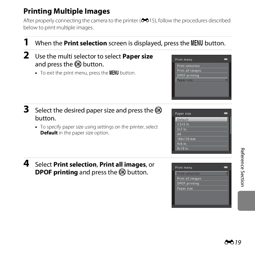 Nikon L25, COOLPIXL26SIL, COOLPIXL26RED, 26299 Printing Multiple Images, E19, To exit the print menu, press the d button 