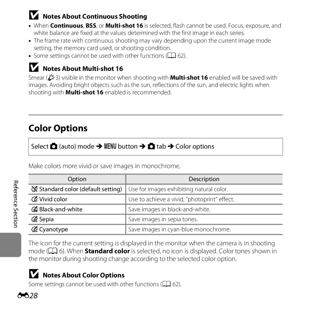 Nikon COOLPIXL26BLK, L25, COOLPIXL26SIL, COOLPIXL26RED, 26299 manual Color Options, E28 