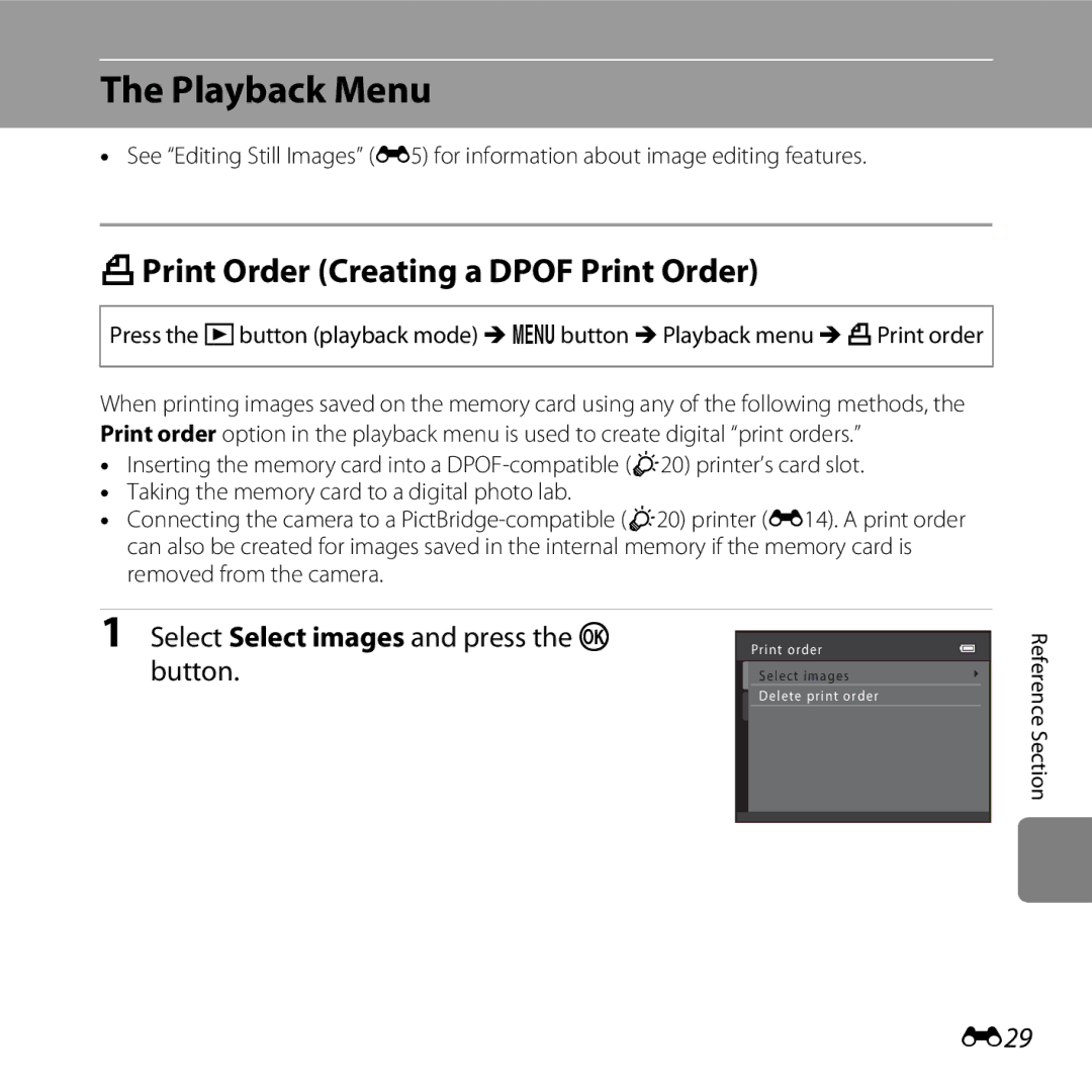 Nikon 26299 Playback Menu, APrint Order Creating a Dpof Print Order, Select Select images and press the k, Button, E29 