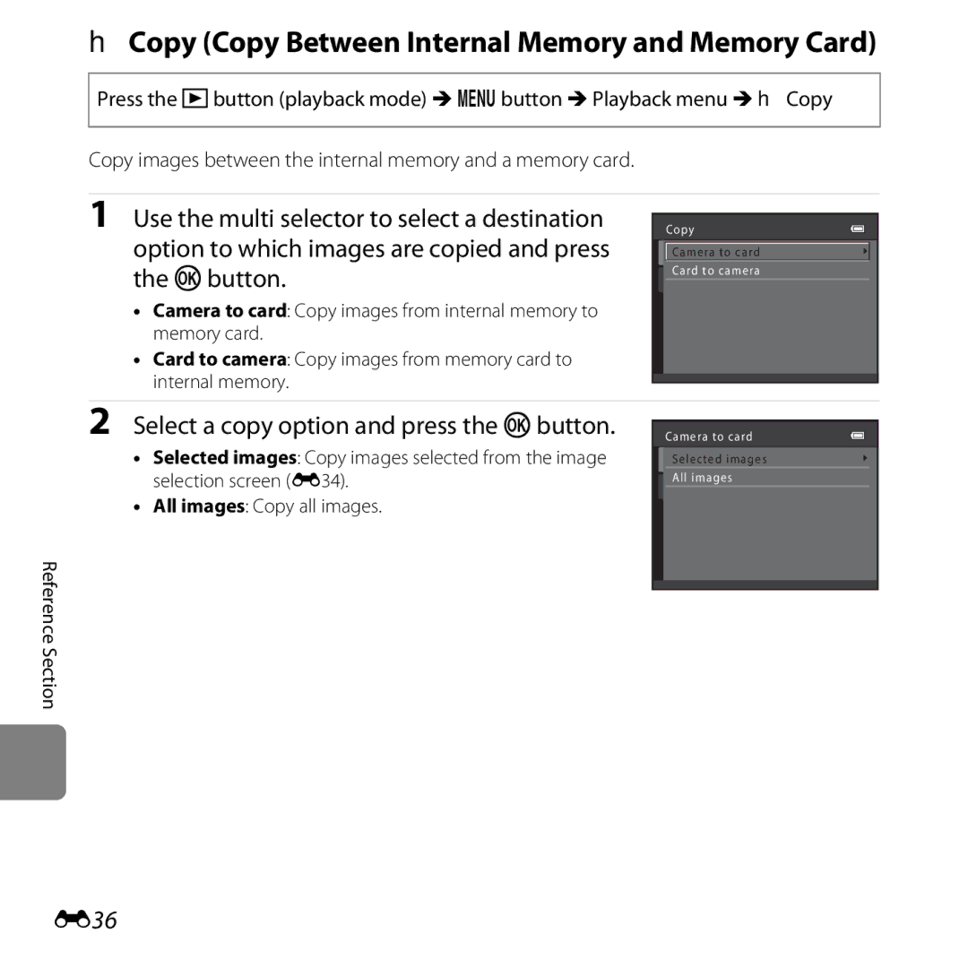 Nikon L25, L26, 26299 HCopy Copy Between Internal Memory and Memory Card, Select a copy option and press the kbutton, E36 