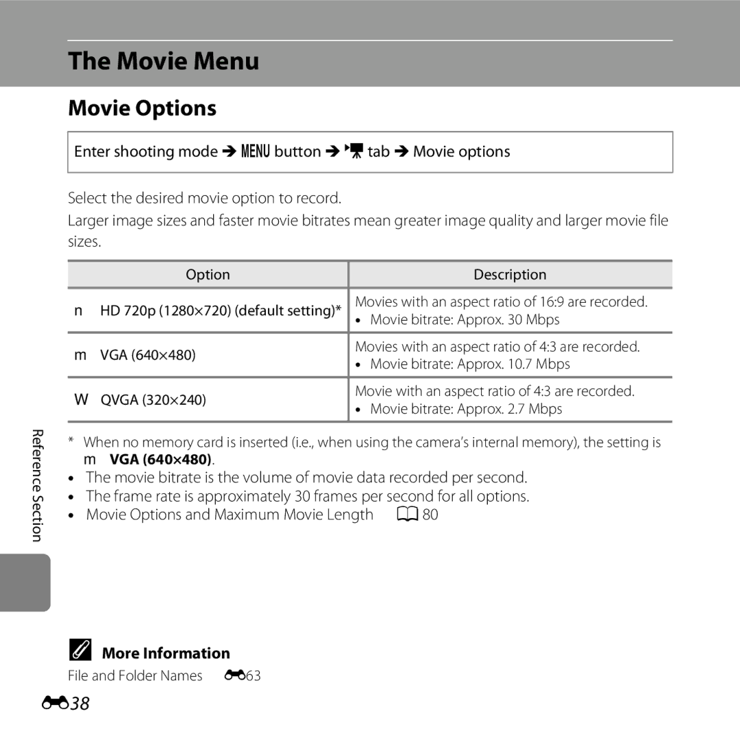 Nikon COOLPIXL26SIL, L25, COOLPIXL26RED, COOLPIXL26BLK, 26299 manual Movie Menu, Movie Options, E38 