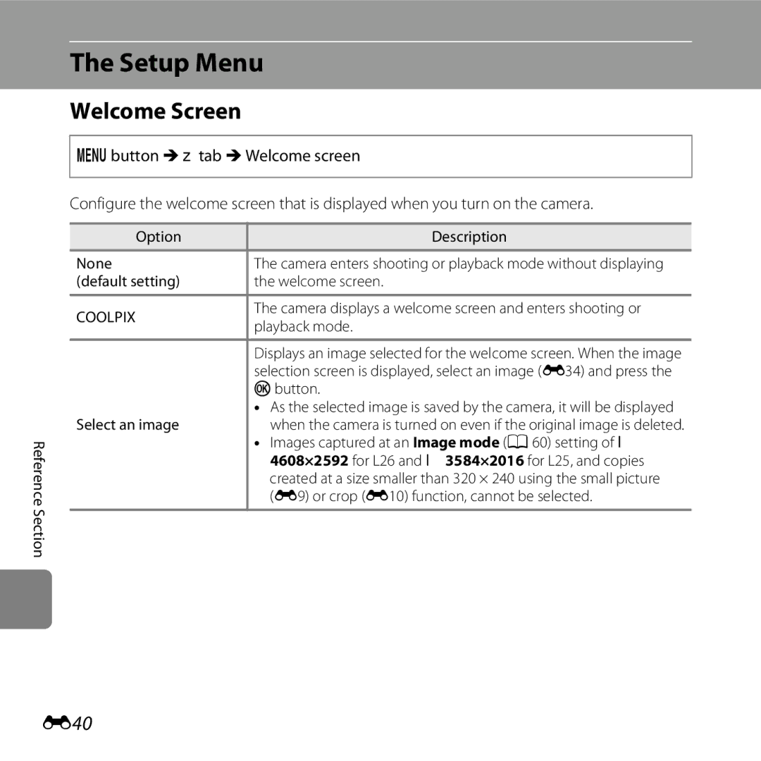 Nikon COOLPIXL26BLK, L25, COOLPIXL26SIL, COOLPIXL26RED, 26299 manual Welcome Screen, E40 