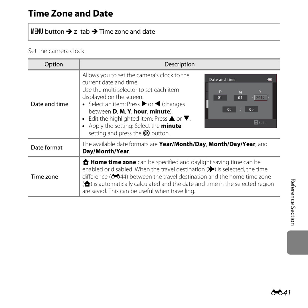 Nikon 26299, L25, L26 manual Time Zone and Date, E41, Setting and press the k button Date format, Day/Month/Year, Time zone 