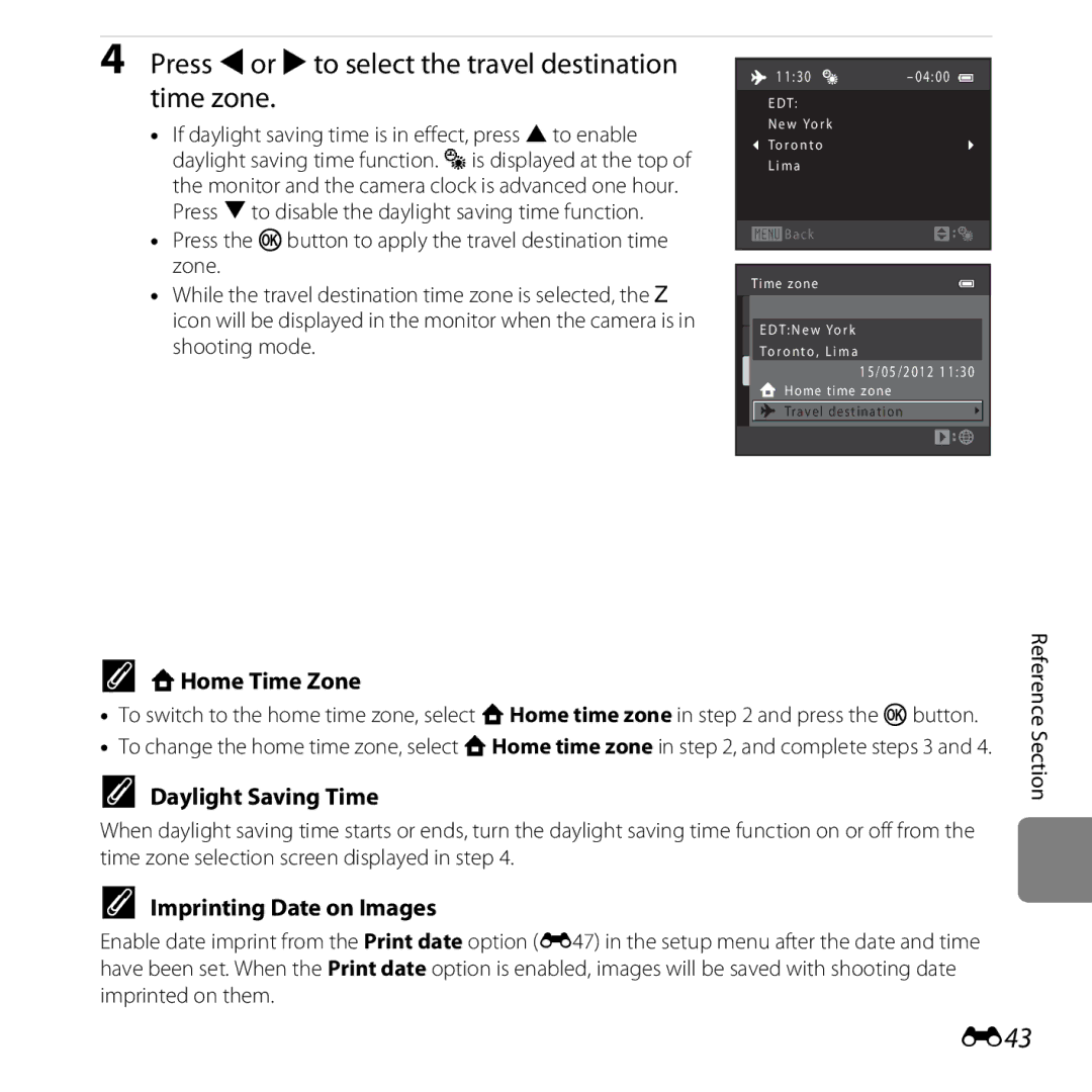 Nikon L26, L25, 26299 Press Jor Kto select the travel destination time zone, E43, WHome Time Zone, Daylight Saving Time 