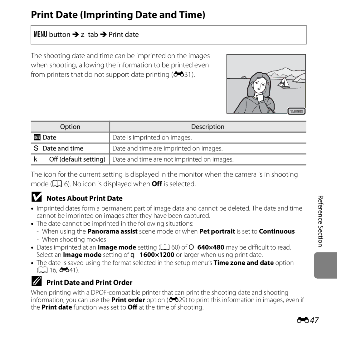 Nikon 26299, L25, L26 manual Print Date Imprinting Date and Time, E47, Print Date and Print Order, When shooting movies 