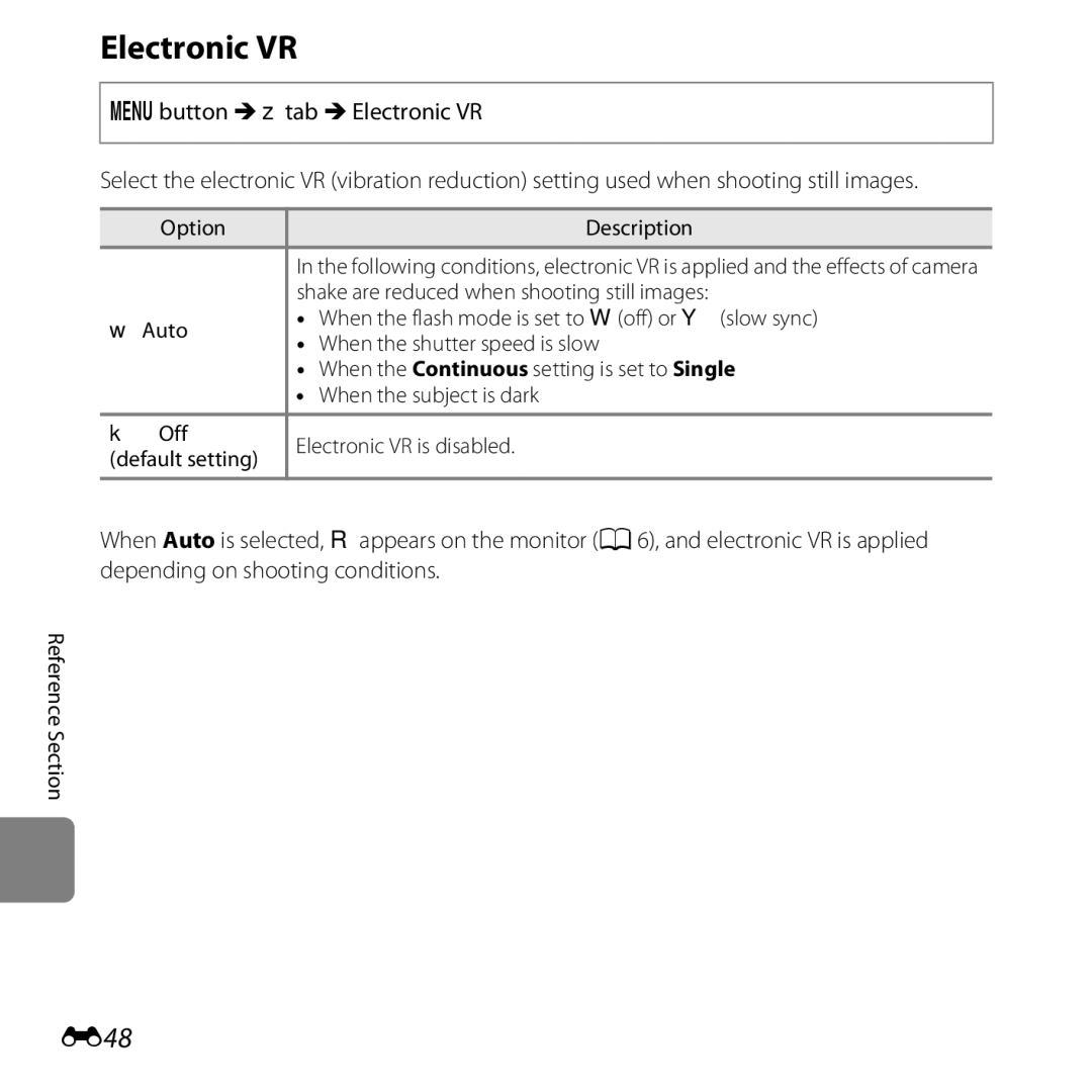 Nikon L25, COOLPIXL26SIL, COOLPIXL26RED, COOLPIXL26BLK Electronic VR, E48, Shake are reduced when shooting still images 