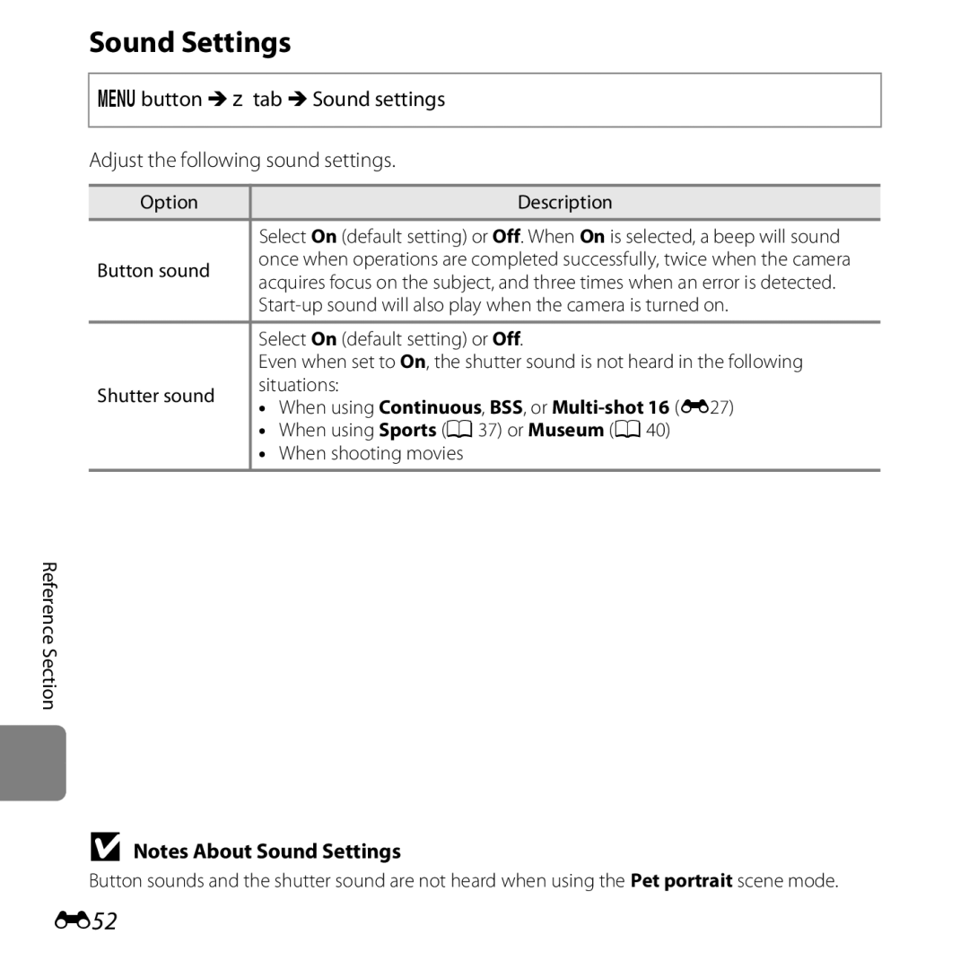 Nikon COOLPIXL26BLK, L25, COOLPIXL26SIL, COOLPIXL26RED Sound Settings, E52, When using Continuous , BSS , or Multi-shot 16 E 