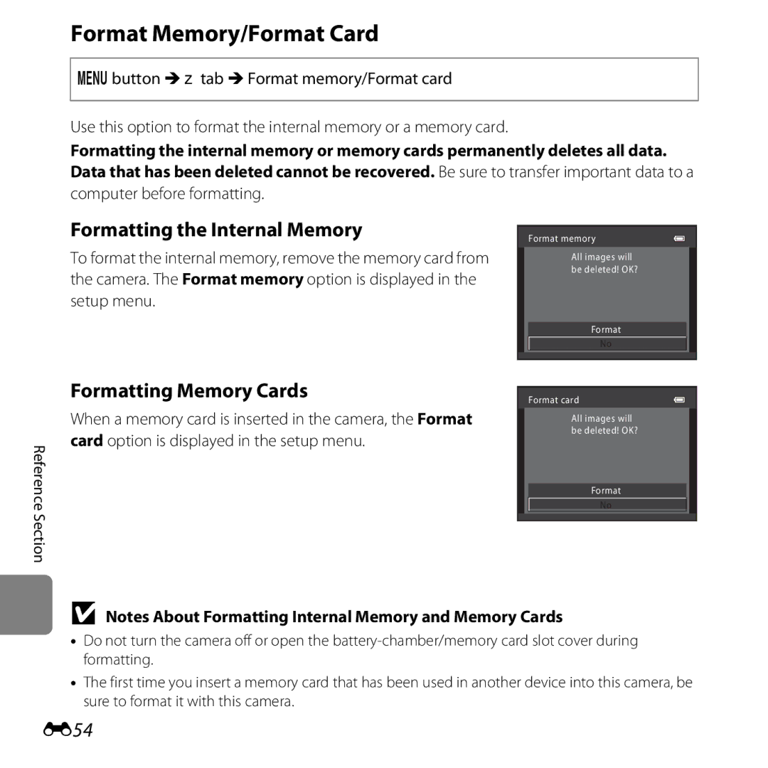 Nikon L25, COOLPIXL26SIL, 26299 Format Memory/Format Card, Formatting the Internal Memory, Formatting Memory Cards, E54 