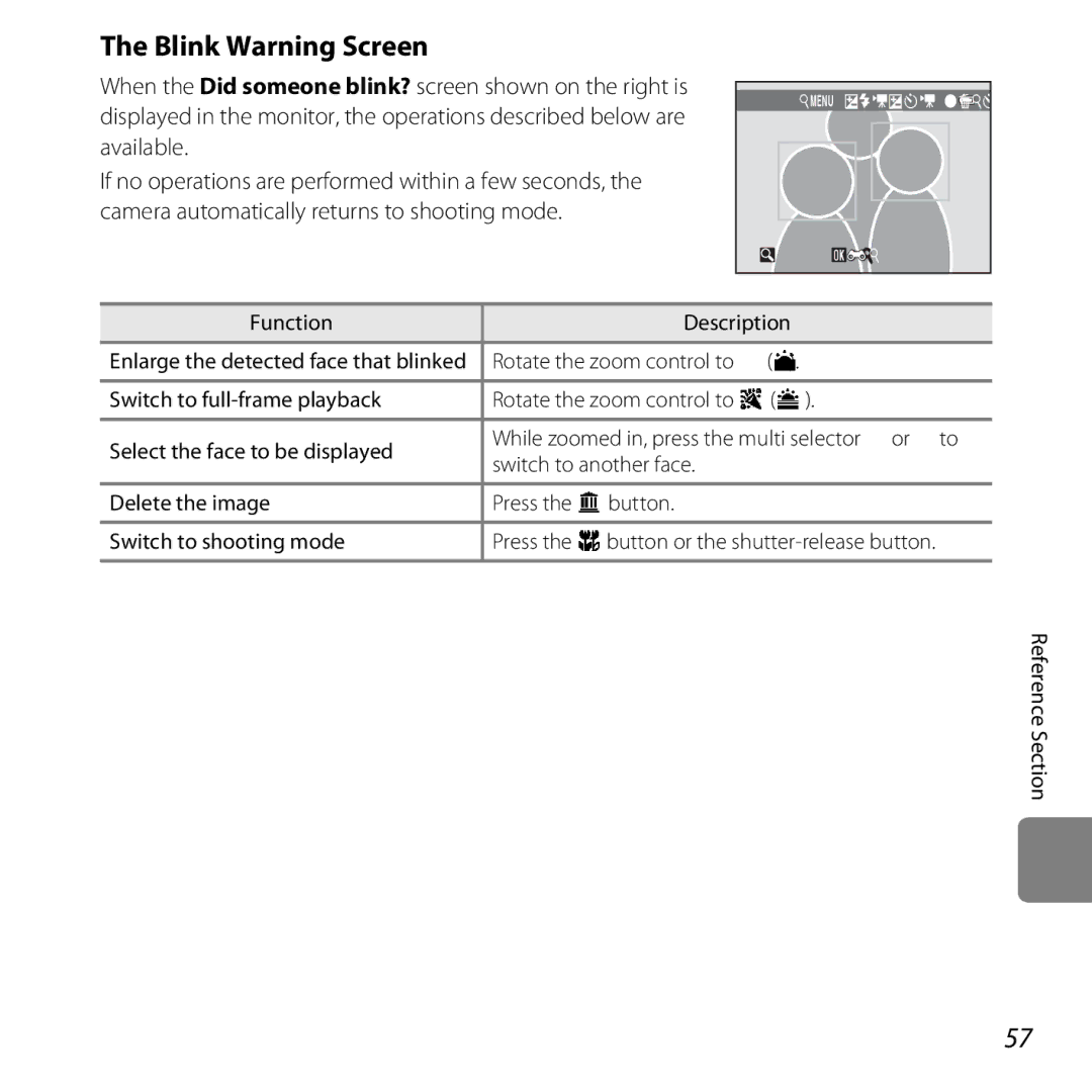 Nikon COOLPIXL26RED Blink Warning Screen, E57, Function Description, Rotate the zoom control to g, Switch to another face 