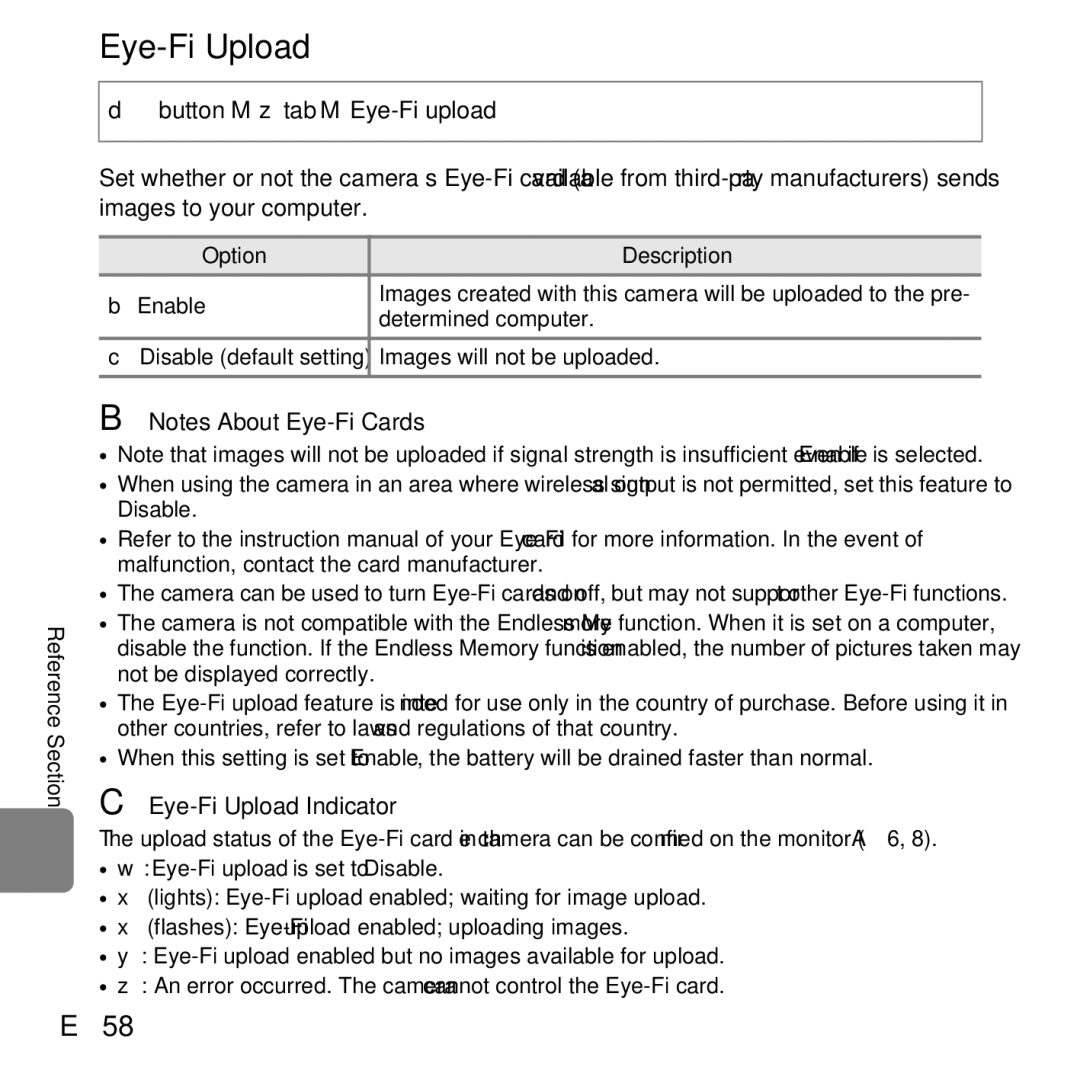 Nikon COOLPIXL26BLK, L25, COOLPIXL26SIL, COOLPIXL26RED E58, Eye-Fi Upload Indicator, Eye-Fi upload is set to Disable 