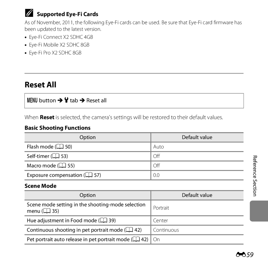 Nikon 26299, L25, COOLPIXL26SIL manual Reset All, E59, Supported Eye-Fi Cards, Basic Shooting Functions, Scene Mode 