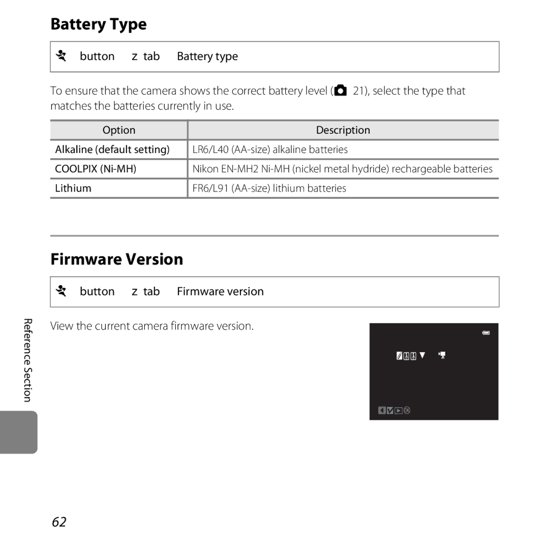 Nikon COOLPIXL26SIL, L25 Battery Type, Firmware Version, E62, Lithium FR6/L91 AA-size lithium batteries Reference Section 