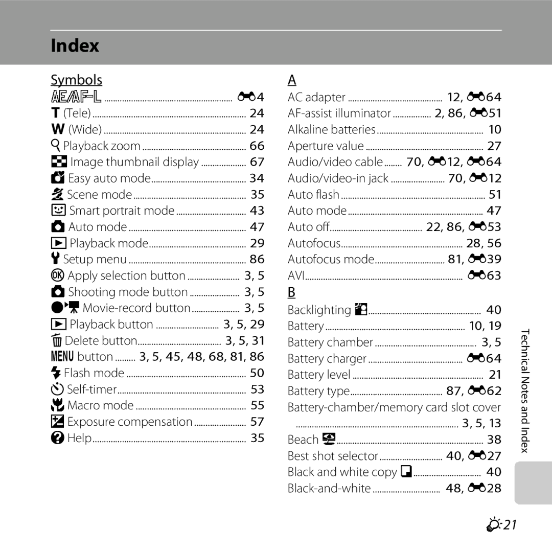 Nikon 26299, L25, COOLPIXL26SIL manual Index, Symbols, F21, 45, 48, 68, 81, Battery-chamber/memory card slot cover 